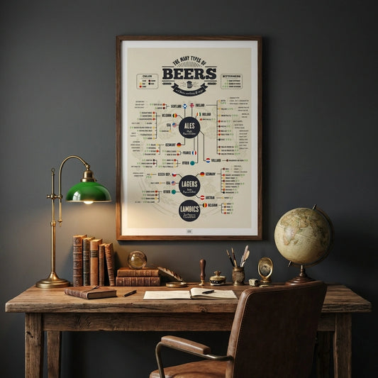 Beer Poster: 73 Types of Beer from Around the World, on a light background