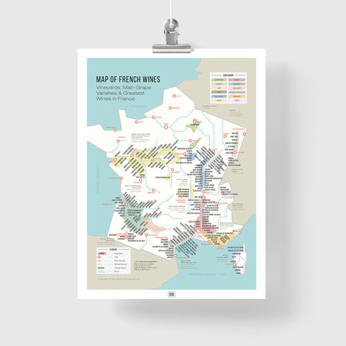 Wine Map of France and Grape Varieties, vintage poster