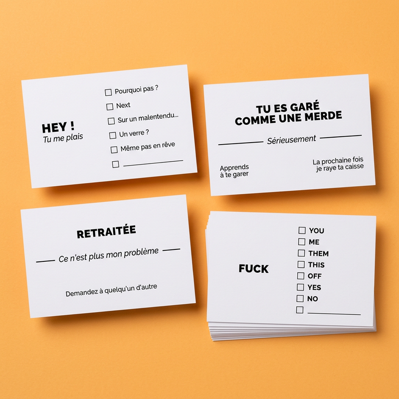 Quatre cartes de visite humoristiques sur fond abricot : séduction, stationnement, retraite et cases à cocher FUCK.