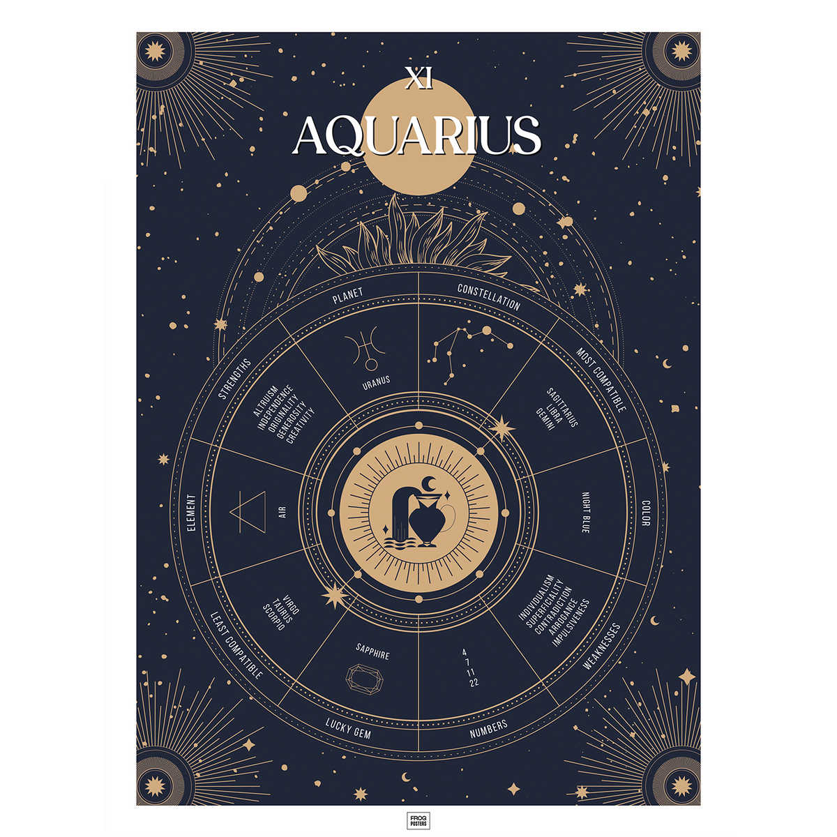 Aquarius zodiac sign poster – illustrated astrological art print by Frog Posters