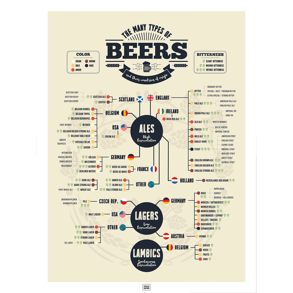 73 Types of Beer from Around the World poster – illustrated guide to international beer styles, framed print by Frog Posters