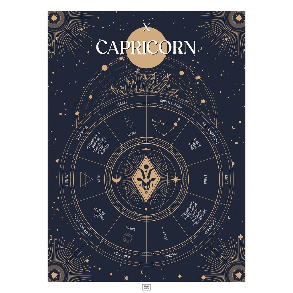 Capricorn zodiac sign poster – illustrated astrological art print by Frog Posters