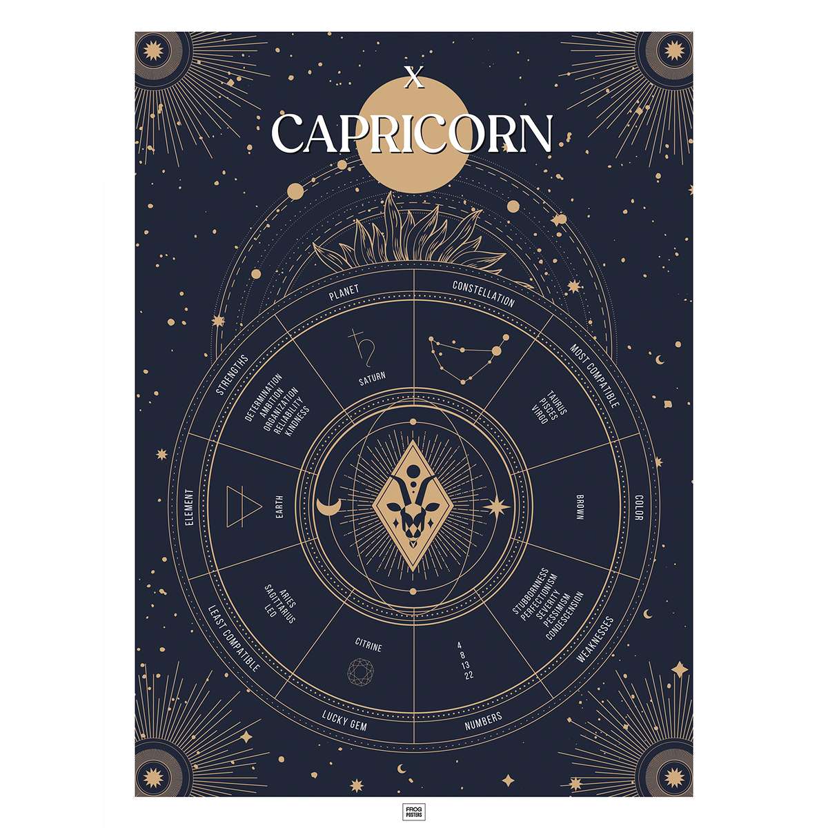 Capricorn zodiac sign poster – illustrated astrological art print by Frog Posters