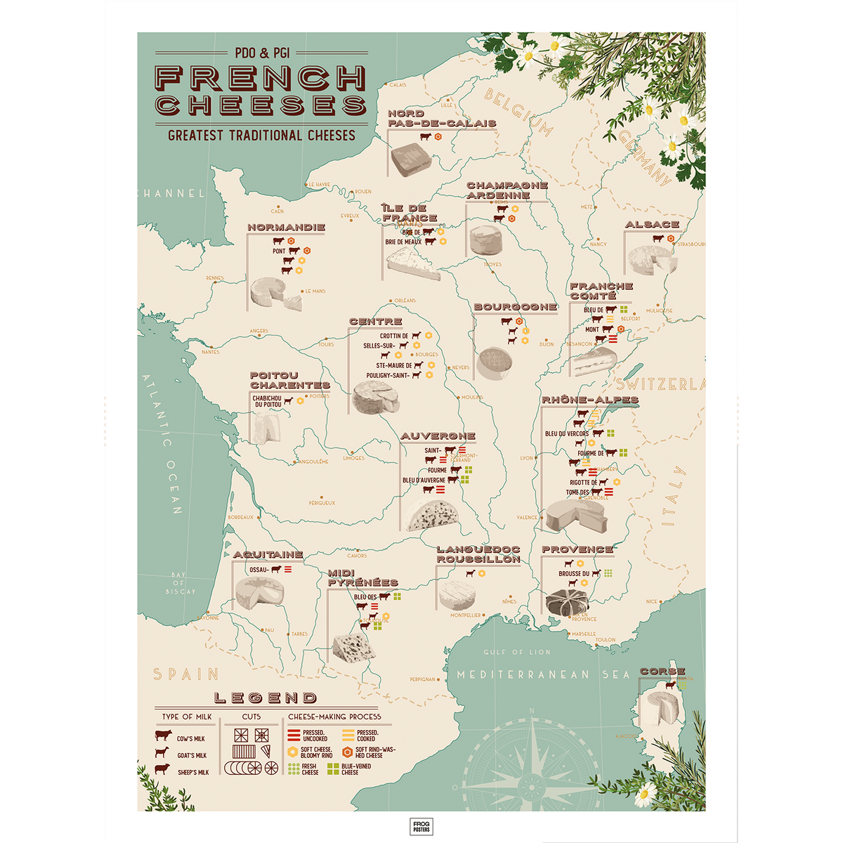 French Cheese Map poster – AOP & AOC cheese regions of France with illustrated varieties, framed print by Frog Posters
