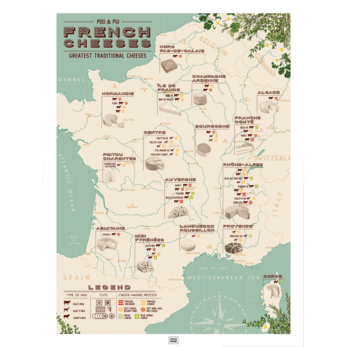 French Cheese Map poster – AOP & AOC cheese regions of France with illustrated varieties, framed print by Frog Posters