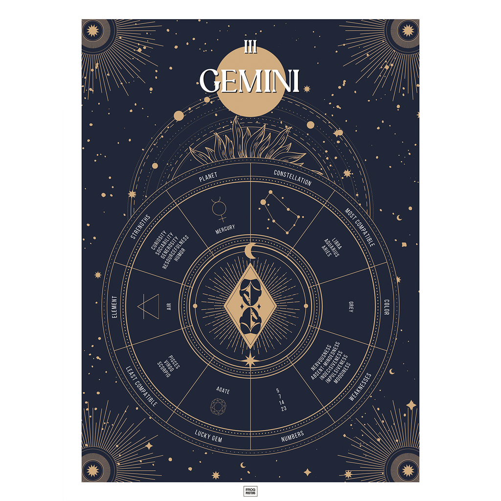 Gemini zodiac sign poster – illustrated astrological art print by Frog Posters