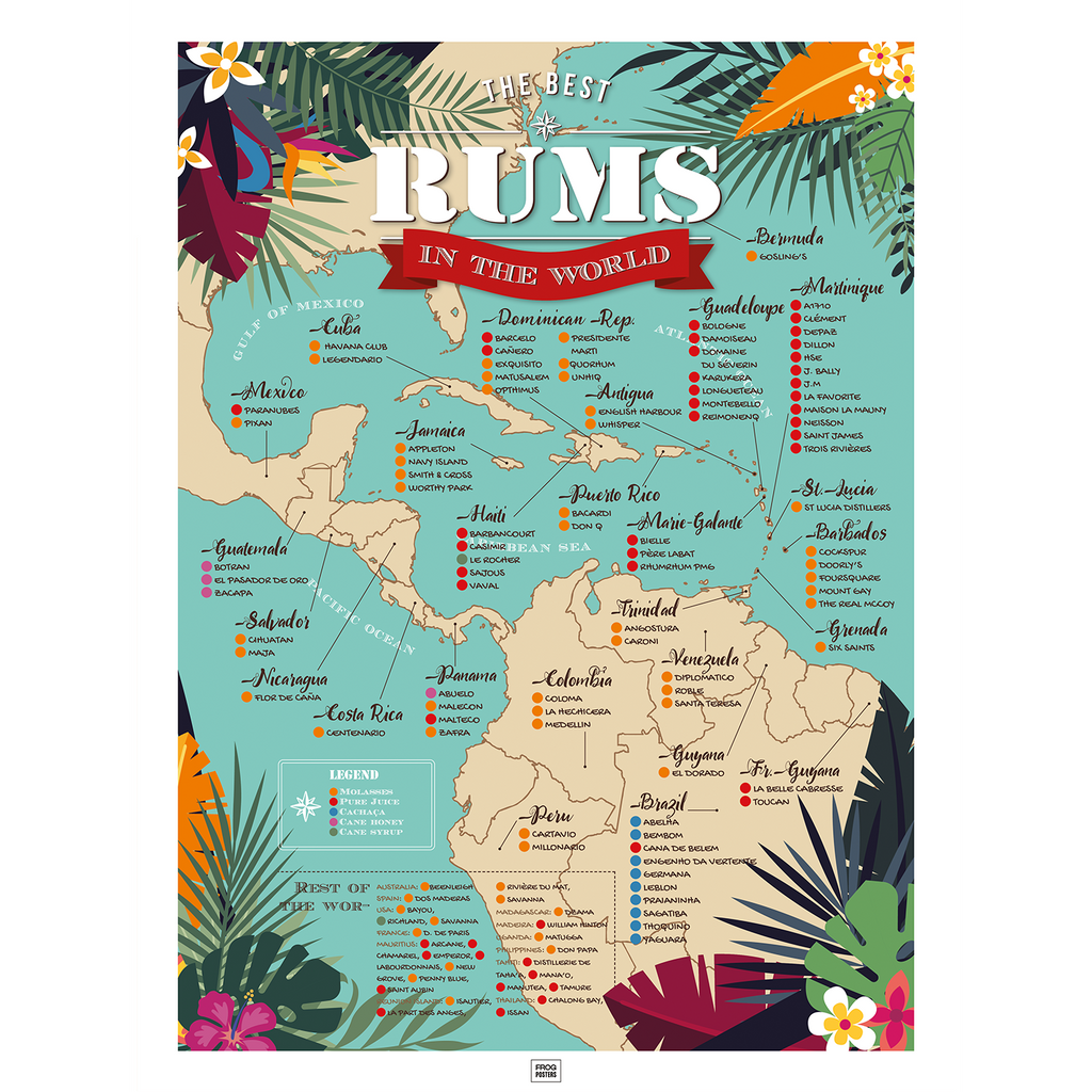 Map of the 100 Best Rums in the World poster – illustrated rum guide with Caribbean origins, framed print by Frog Posters