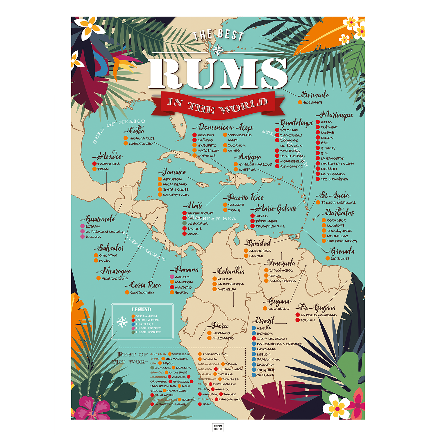 Map of the 100 Best Rums in the World poster – illustrated rum guide with Caribbean origins, framed print by Frog Posters