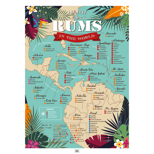 Map of the 100 Best Rums in the World poster – illustrated rum guide with Caribbean origins, framed print by Frog Posters