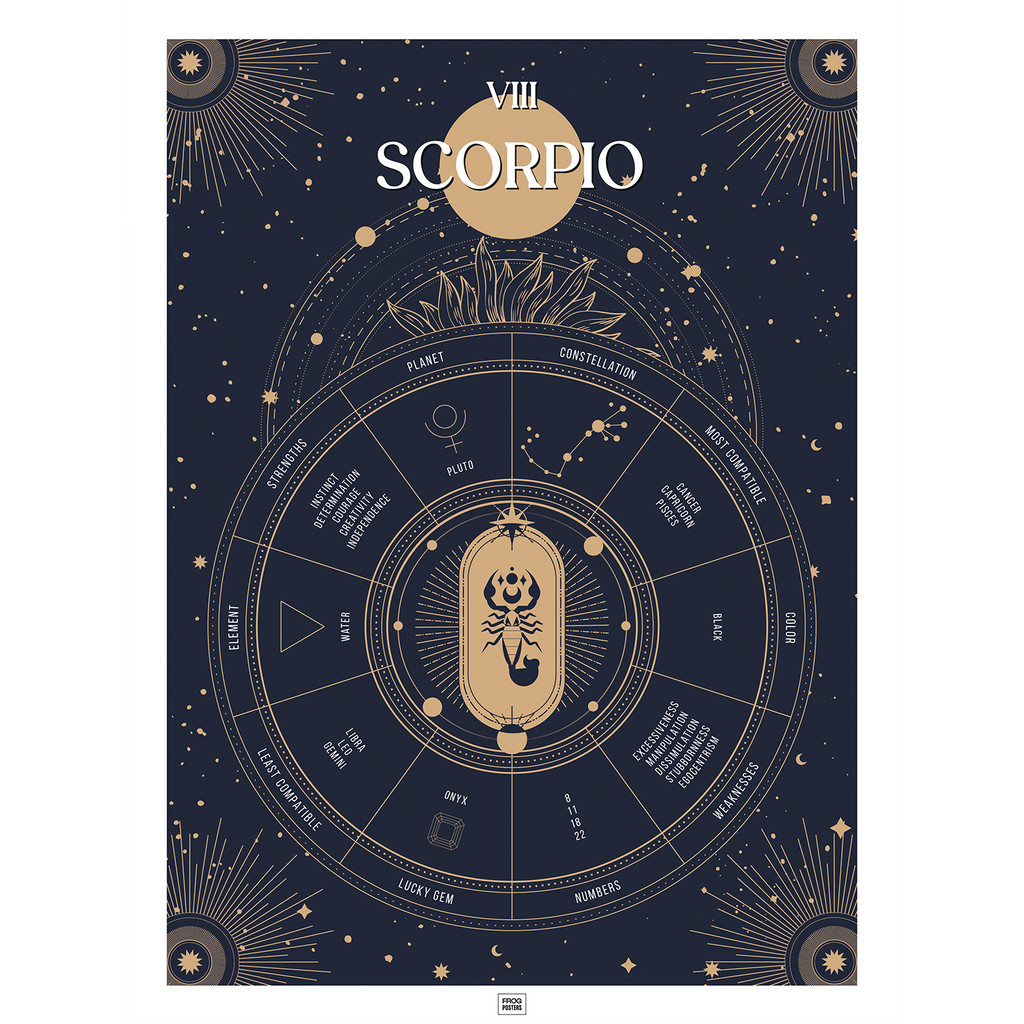 Scorpio zodiac sign poster – illustrated astrological art print by Frog Posters