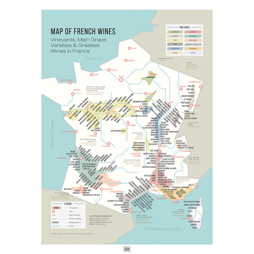Wine Map of France and Grape Varieties poster – illustrated map of French wine regions and appellations, framed print by Frog Posters