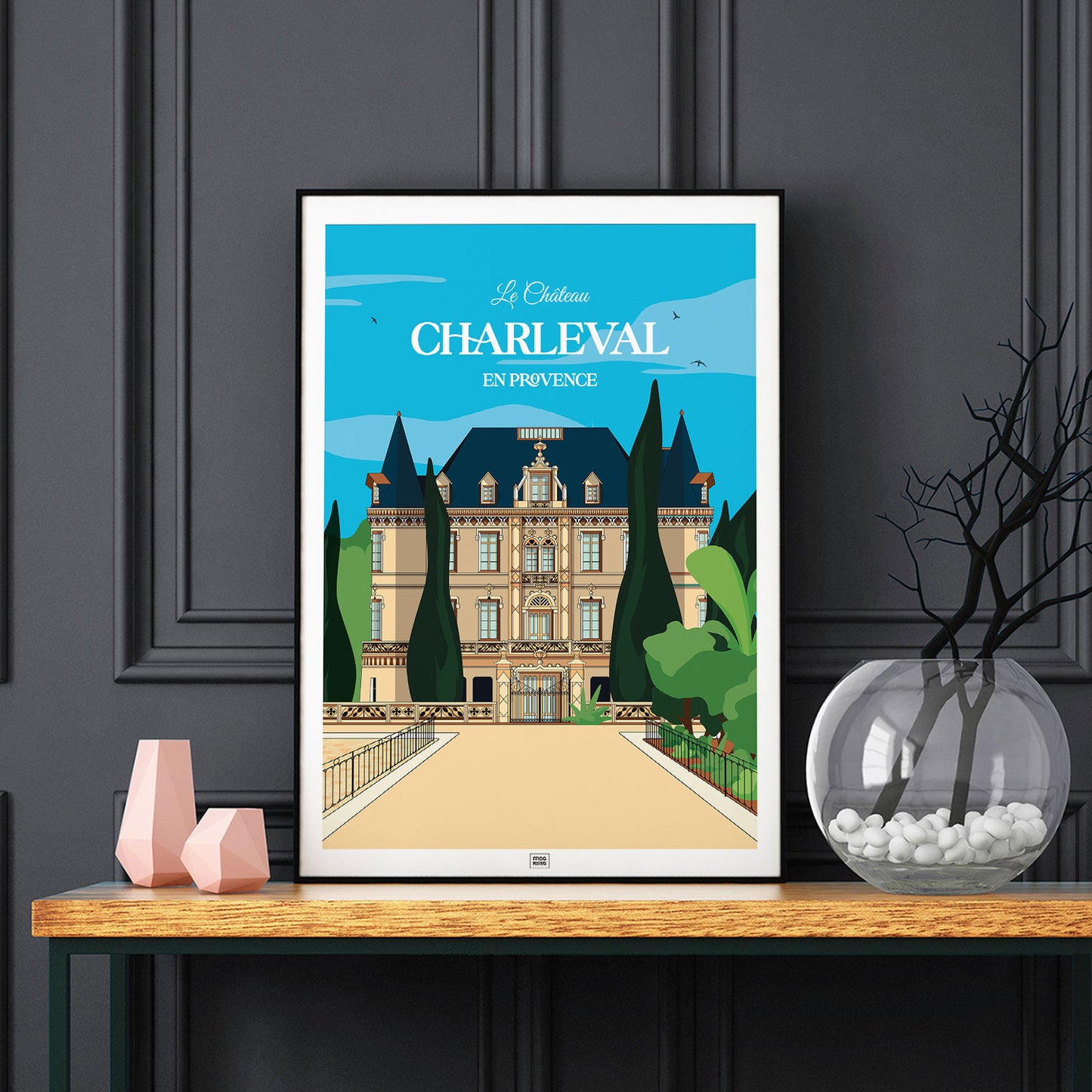 Affiche Château de Charleval en Provence - poster vintage et rétro de Frog Posters, sur fond sombre