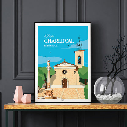 Affiche Eglise de Charleval en Provence - poster vintage et rétro de Frog Posters, sur fond sombre