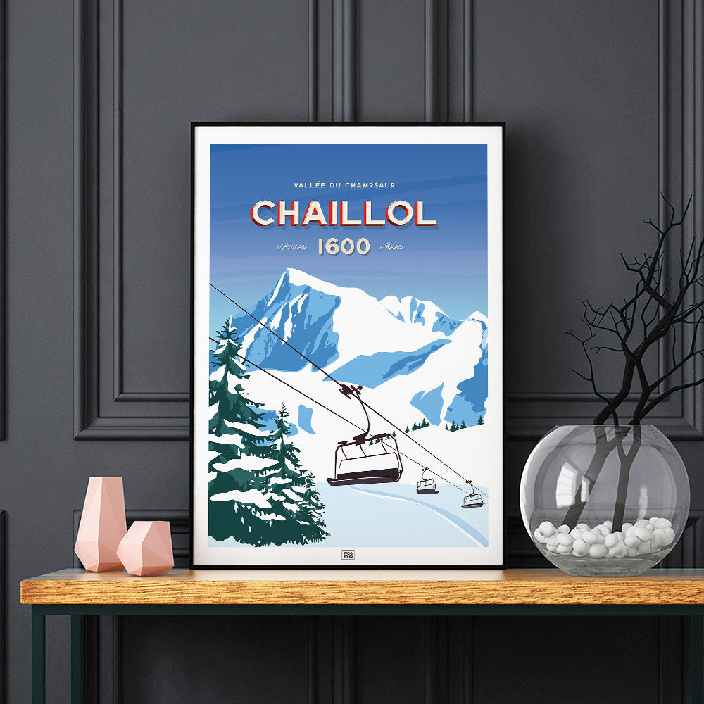 Affiche le Pic du Vieux Chaillol, poster vintage, sur fond sombre
