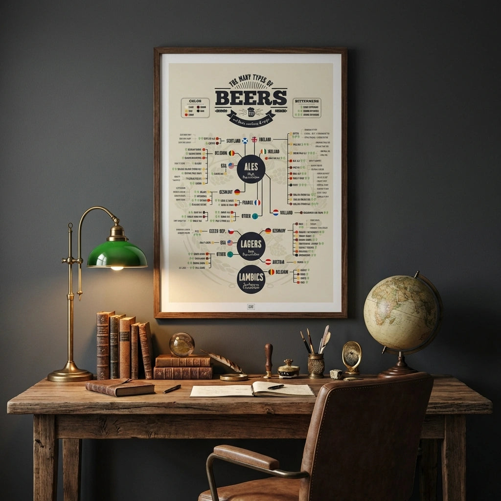 Beer Poster: 73 Types of Beer from Around the World, on a light background
