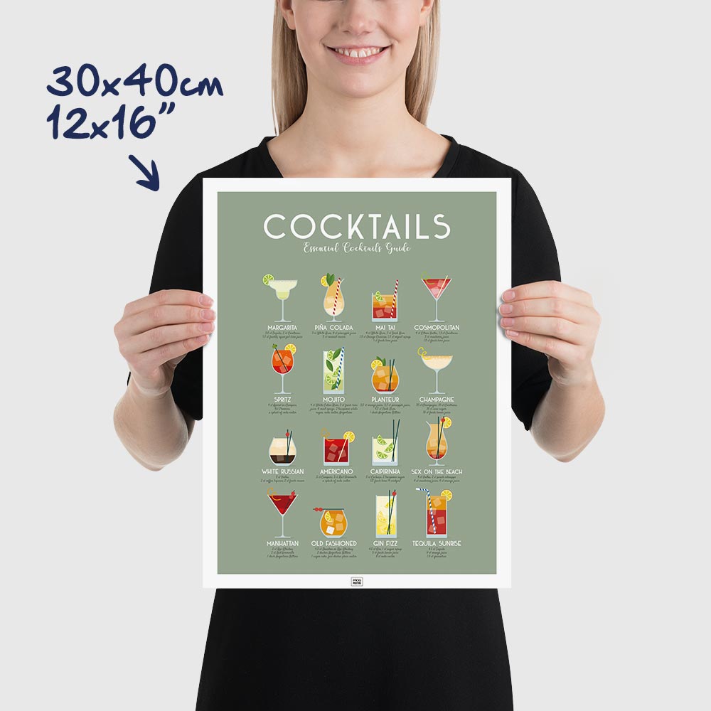 Cocktail Poster: 16 Must-Try Recipes, dimensions 30x40 cm - 12x16"
