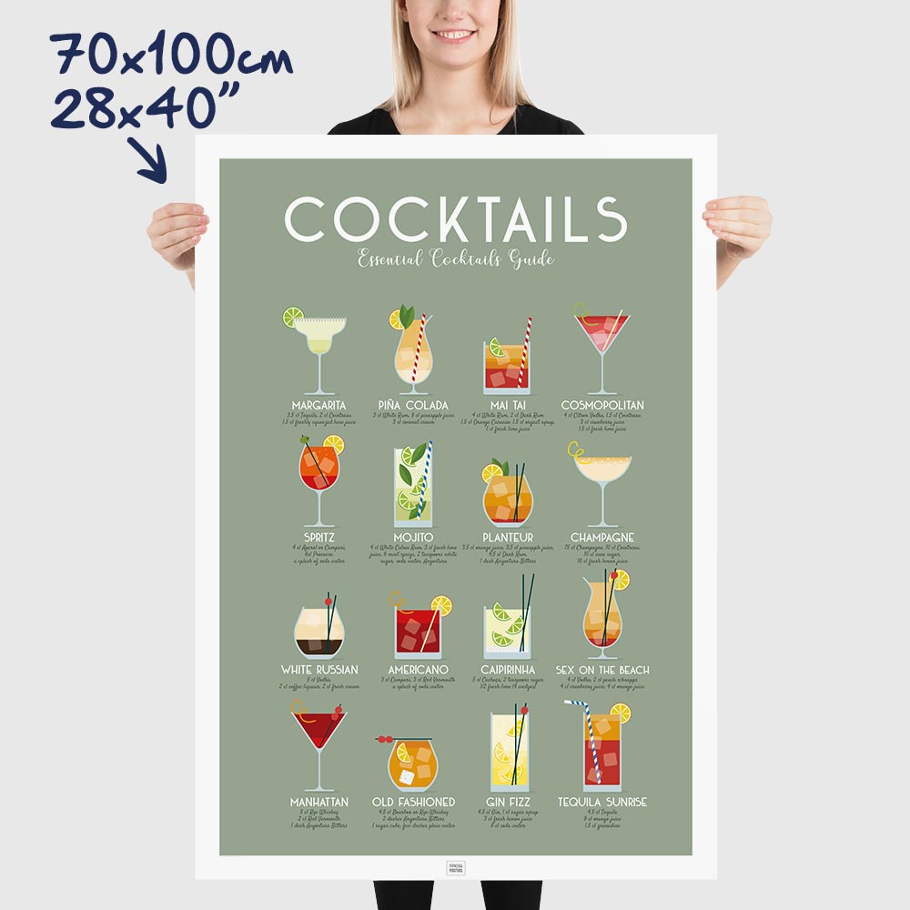 Cocktail Poster: 16 Must-Try Recipes, dimensions 70x100 cm - 28x40"
