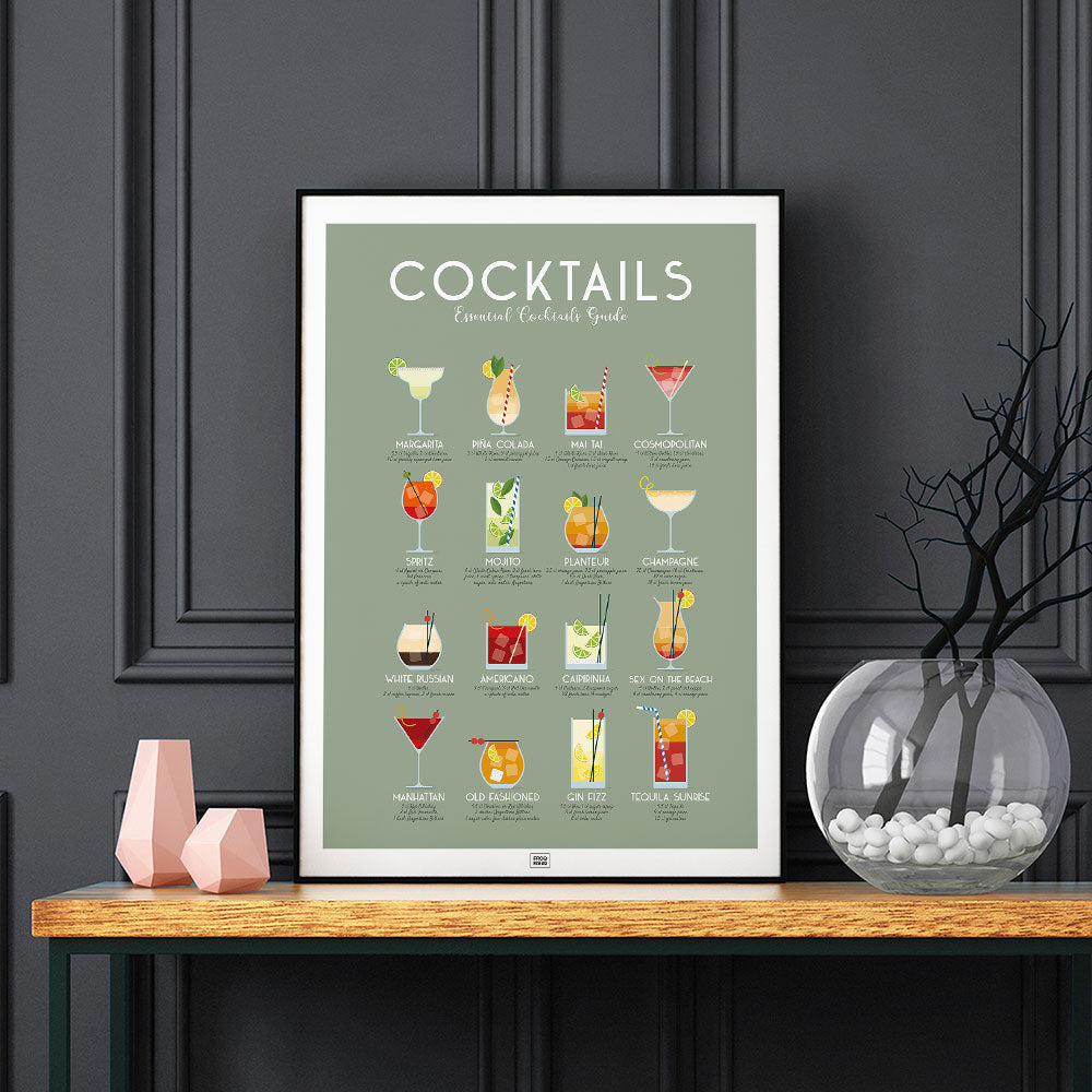 Cocktail Poster: 16 Must-Try Recipes, on a dark background
