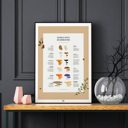 Edible Wild Mushrooms Poster, on a dark background
