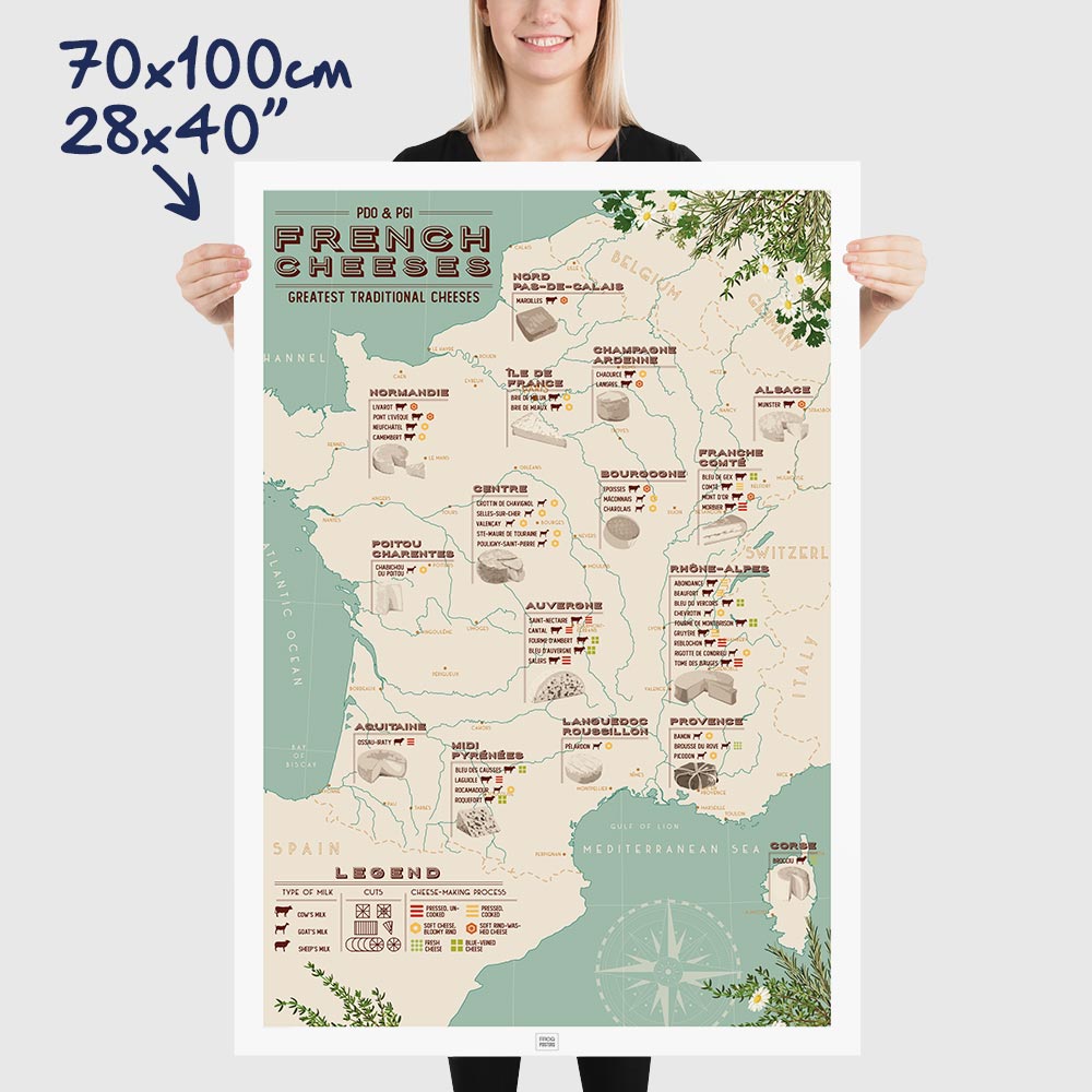 French Cheese Map Poster, dimensions 70x100 cm - 28x40"
