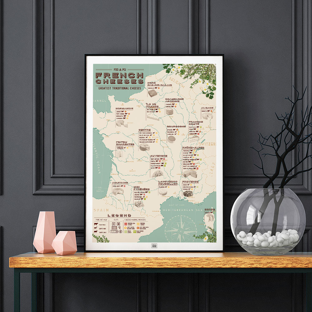 French Cheese Map Poster, on a dark background
