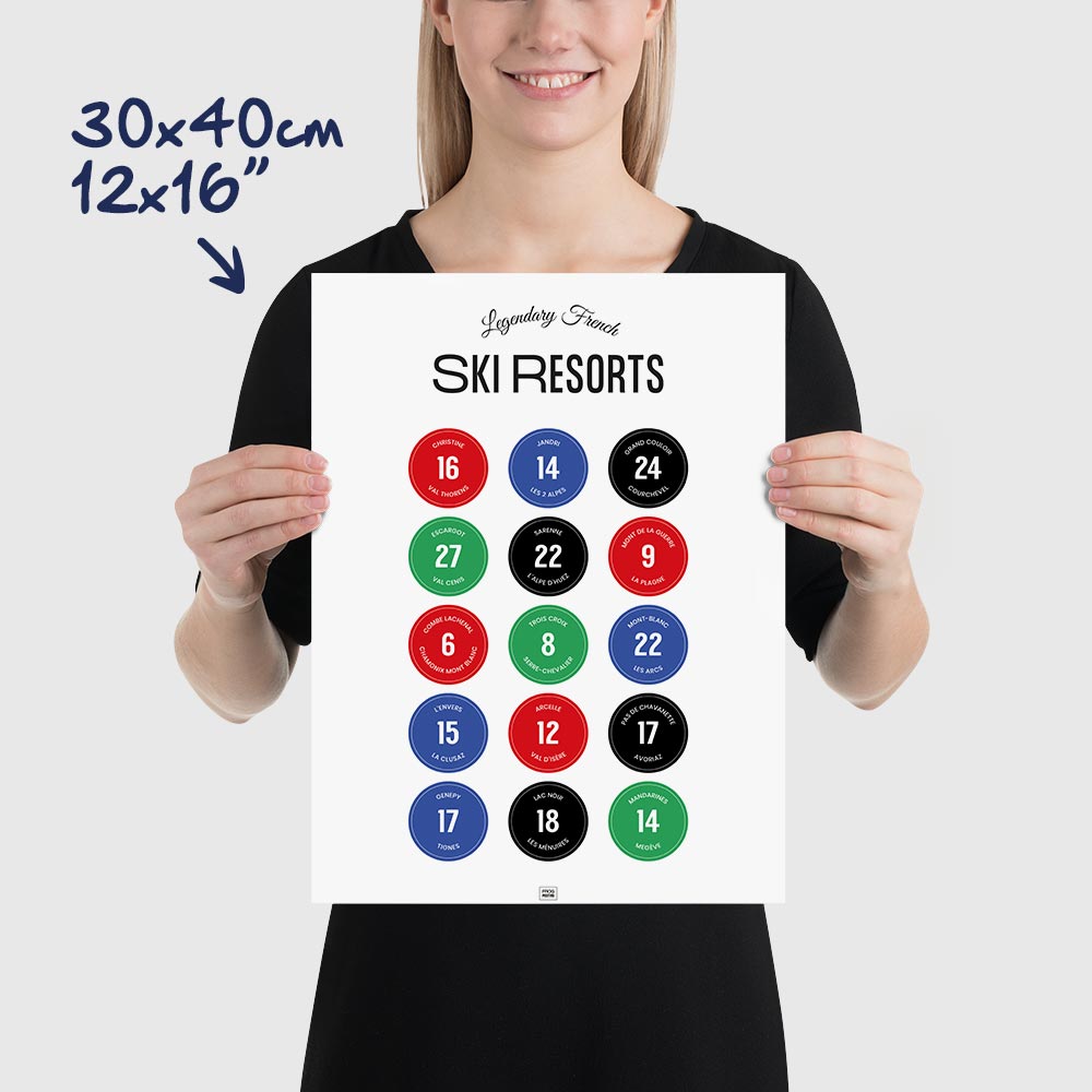 Mythical French Ski Resorts Poster, dimensions 30x40 cm - 12x16"
