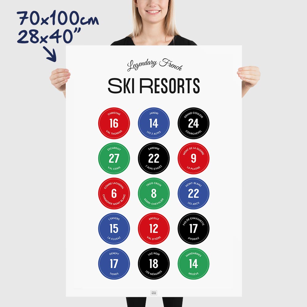 Mythical French Ski Resorts Poster, dimensions 70x100 cm - 28x40"
