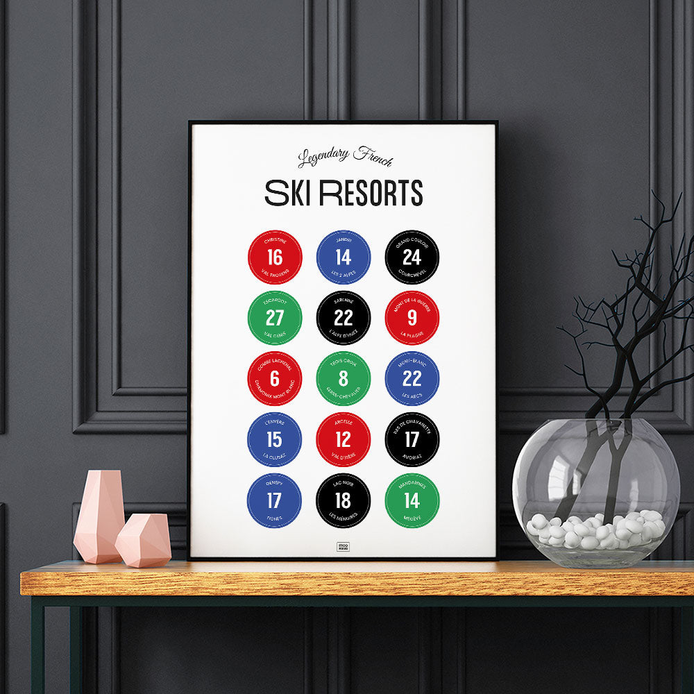 Mythical French Ski Resorts Poster, on a dark background
