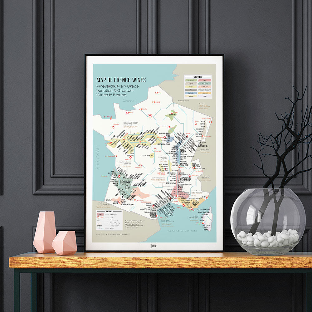 Wine Map of France and Grape Varieties, vintage poster, on a dark background
