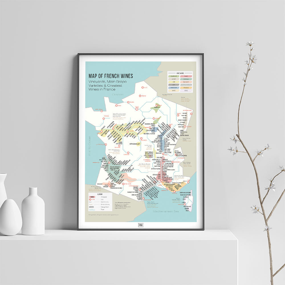 Wine Map of France and Grape Varieties, vintage poster, on a light background
