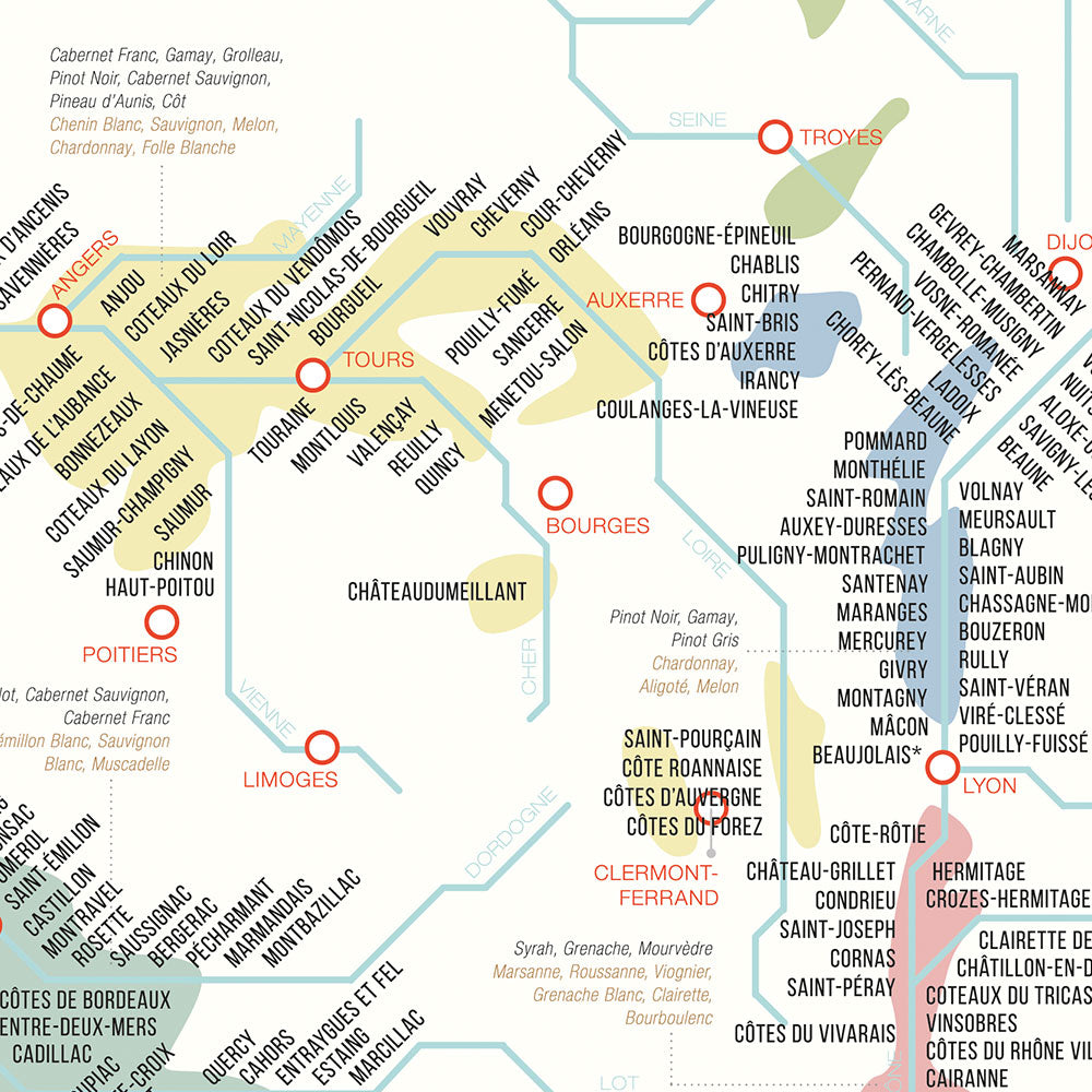 Wine Map of France and Grape Varieties, vintage poster, zoom
