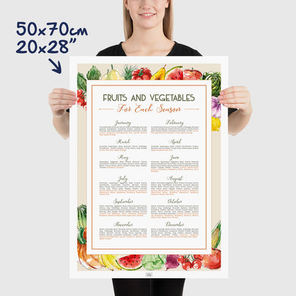 Seasonal Fruits and Vegetables Calendar Poster, dimensions 50x70 cm - 20x28"
