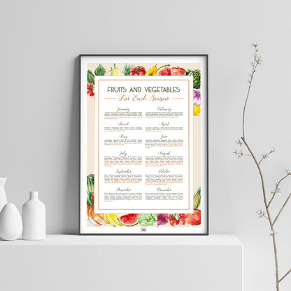 Seasonal Fruits and Vegetables Calendar Poster, on a light background
