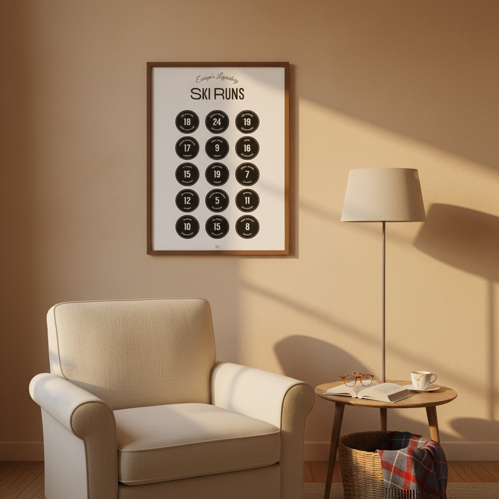 Affiche Ski Runs 50x70 cm encadrée, accrochée dans un salon français contemporain avec fauteuil écru, lampe sur pied et lumière dorée de fin de journée