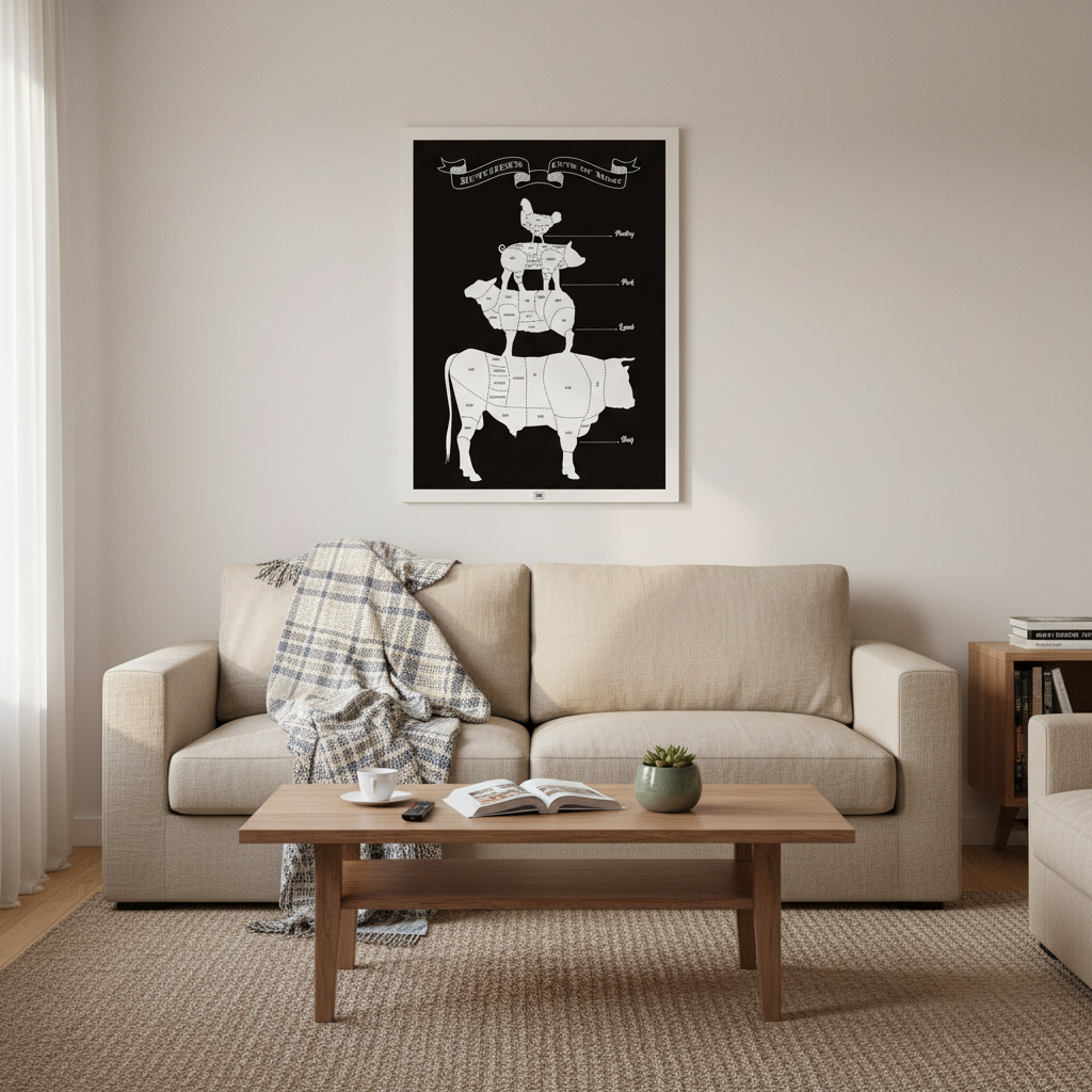 Affiche Butcher's Cuts of Meat encadrée 50×70 cm dans un salon d'appartement chaleureux, canapé en lin, lumière douce de matinée