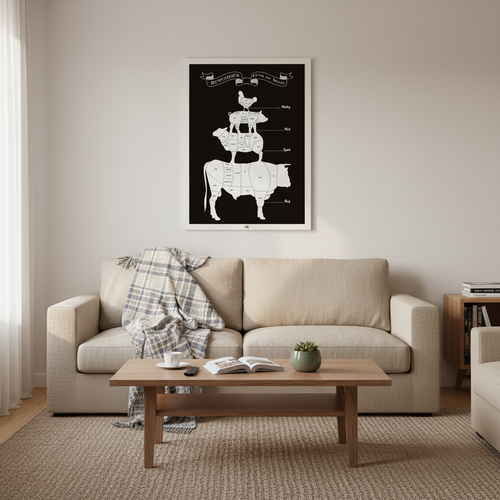 Affiche Butcher's Cuts of Meat encadrée 50×70 cm dans un salon d'appartement chaleureux, canapé en lin, lumière douce de matinée