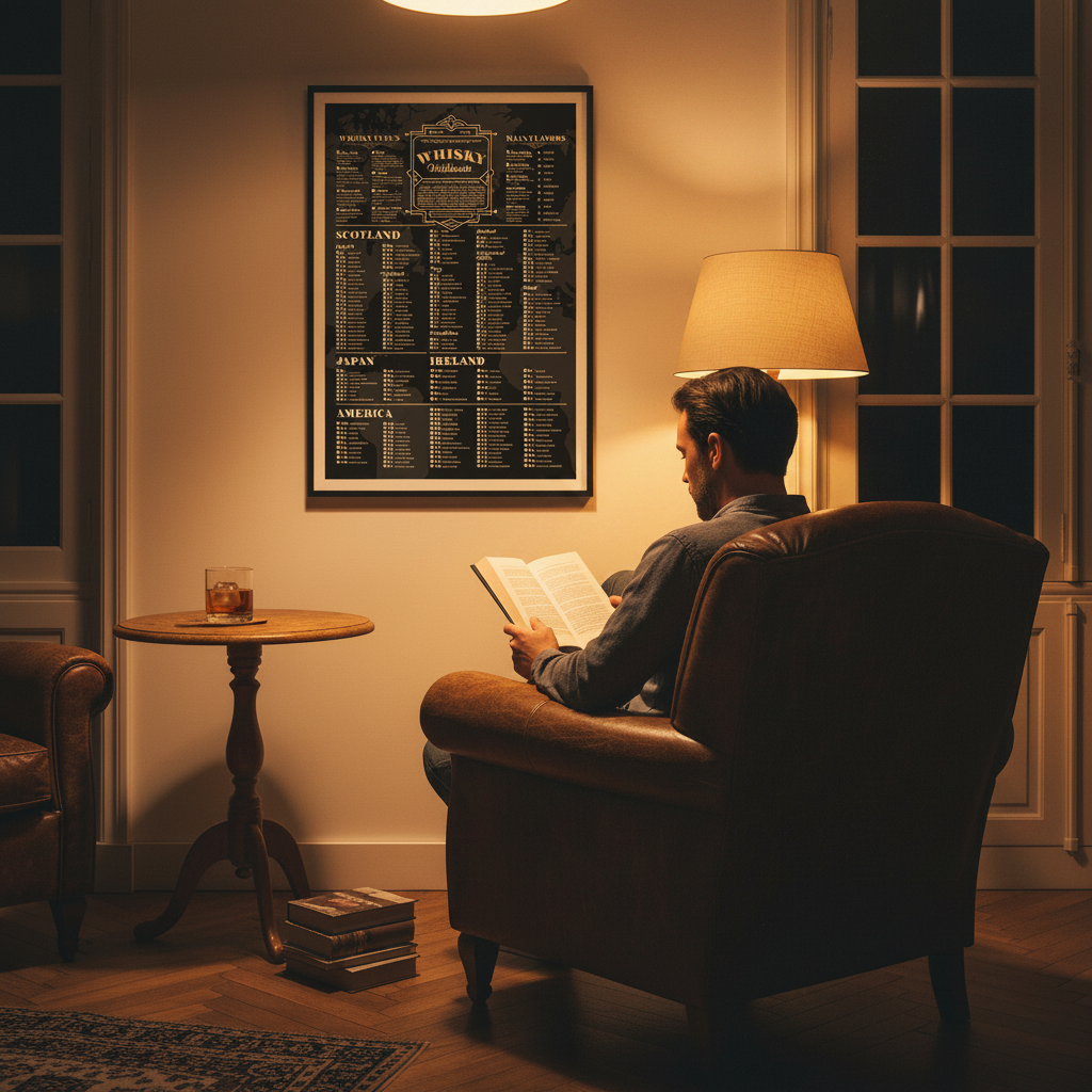 Affiche Whiskey Poster A Guide to the World's Best Whiskeys 50x70 cm encadrée, accrochée dans un salon chaleureux, homme de 50 ans partiellement visible sur le côté dans un fauteuil en cuir avec un verre de whisky sur un guéridon