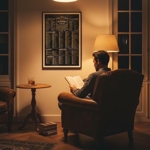 Affiche Whiskey Poster A Guide to the World's Best Whiskeys 50x70 cm encadrée, accrochée dans un salon chaleureux, homme de 50 ans partiellement visible sur le côté dans un fauteuil en cuir avec un verre de whisky sur un guéridon
