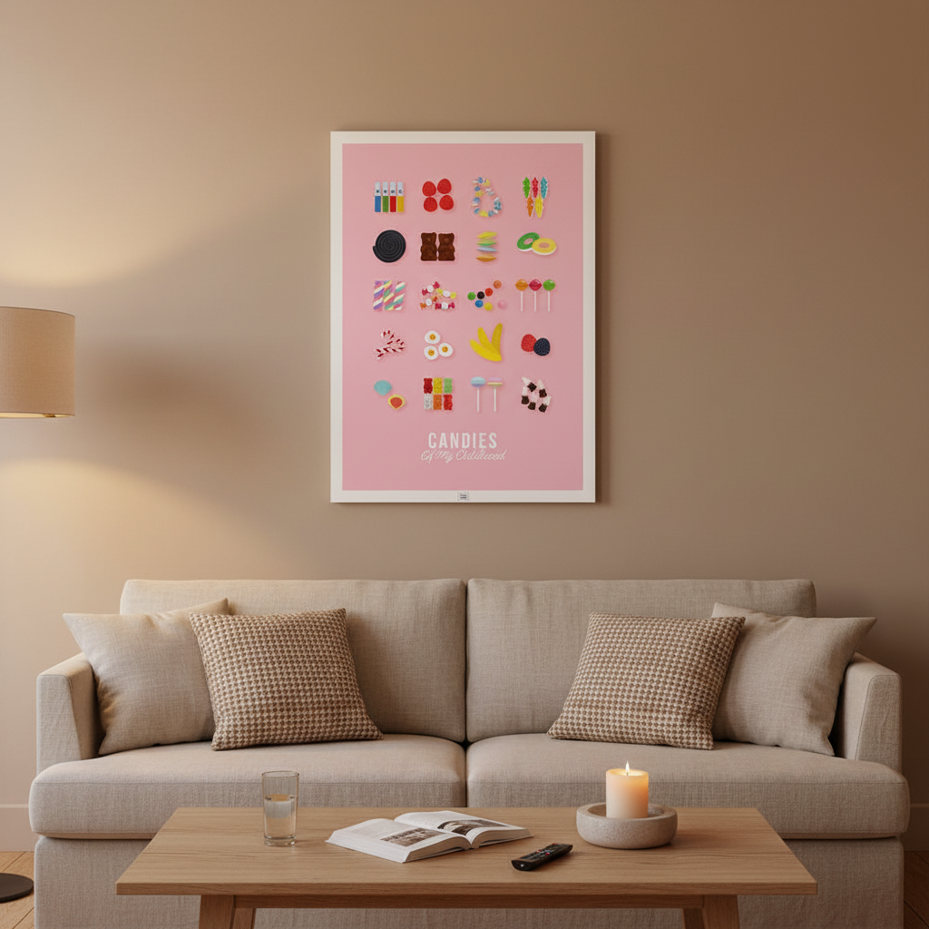 Affiche Candies Of My Childhood 50x70 cm encadrée, accrochée dans un salon français contemporain en début de soirée avec canapé en lin et lumière chaude