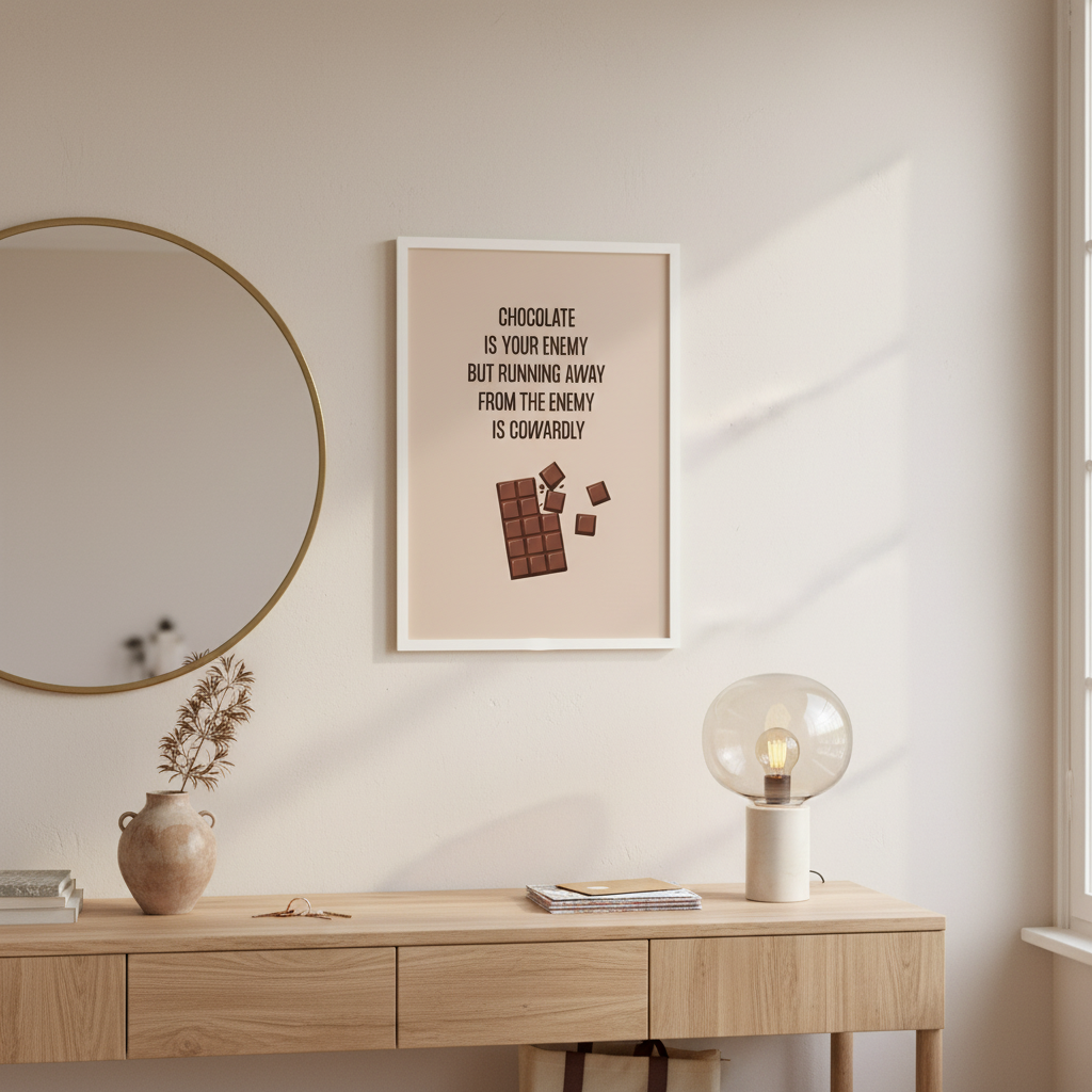 Affiche Funny Chocolate Poster 50x70 cm encadrée, accrochée dans une entrée française avec console en bois clair, miroir rond et lumière douce venant de la droite