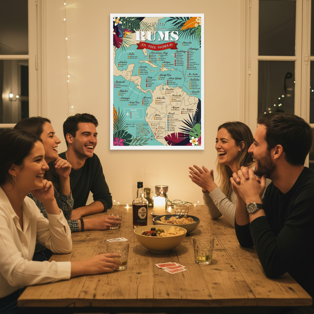 Affiche Rum Poster Map of the 100 Best Rums in the World 50x70 cm encadrée, accrochée lors d’une soirée entre amis dans un appartement français chaleureux, avec bouteille de rhum, verres et ambiance conviviale