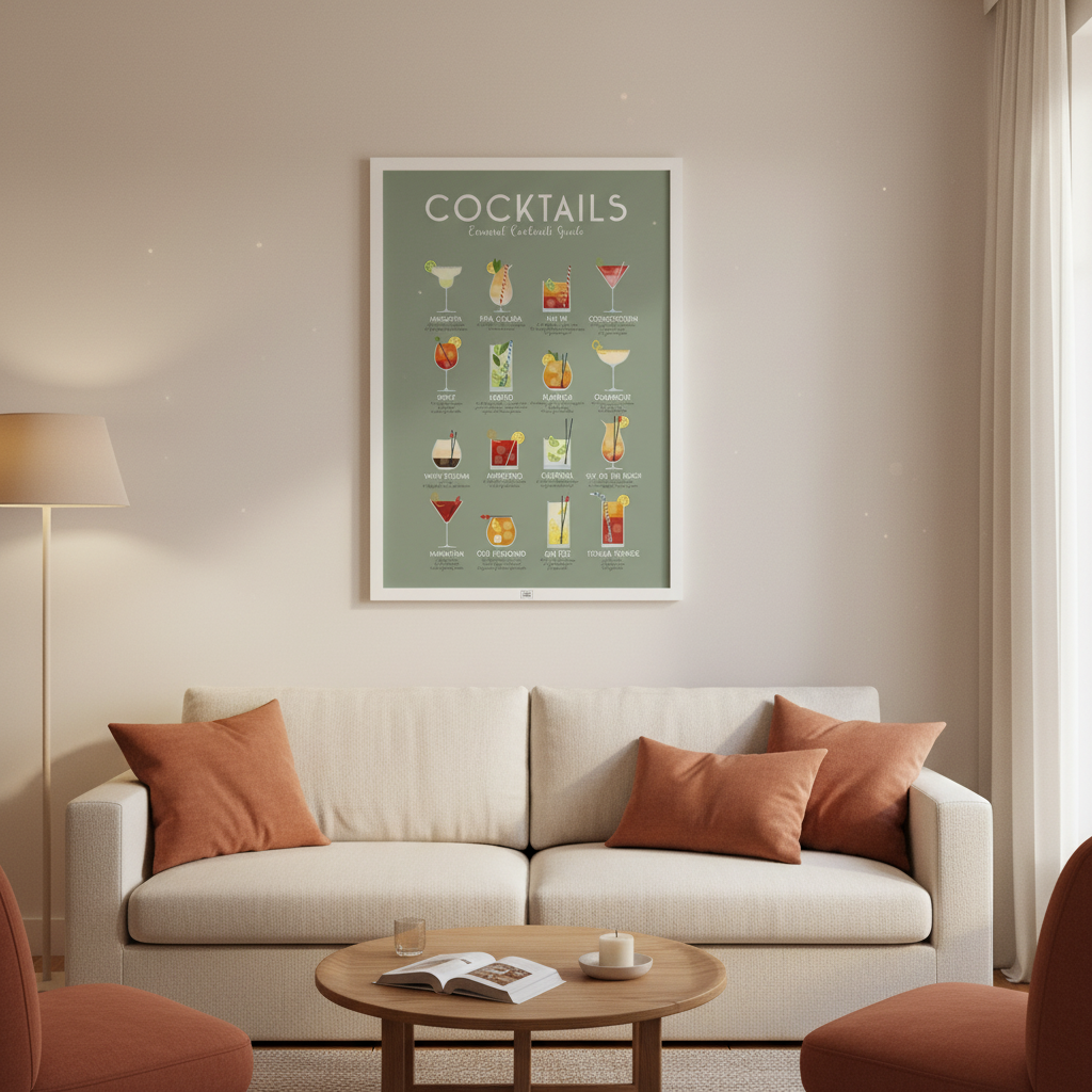 Affiche Cocktail Poster 16 Must-Try Recipes 50x70 cm encadrée, accrochée dans un salon cosy aux tons crème et terracotta avec canapé en lin, table basse en bois et lumière dorée de fin de journée