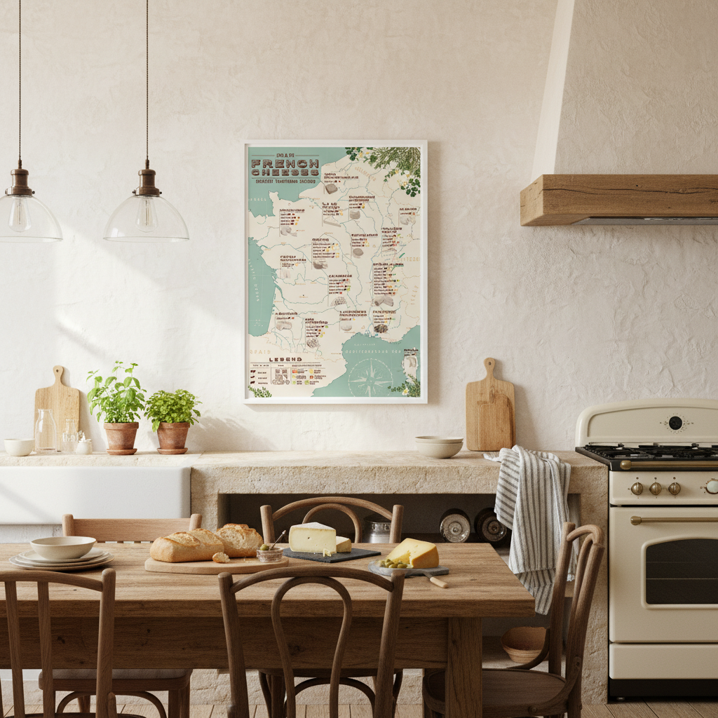 Affiche French Cheese Map Poster 50x70 cm encadrée, accrochée dans une cuisine familiale française avec table en bois, planche de fromages, baguette et lumière naturelle du matin