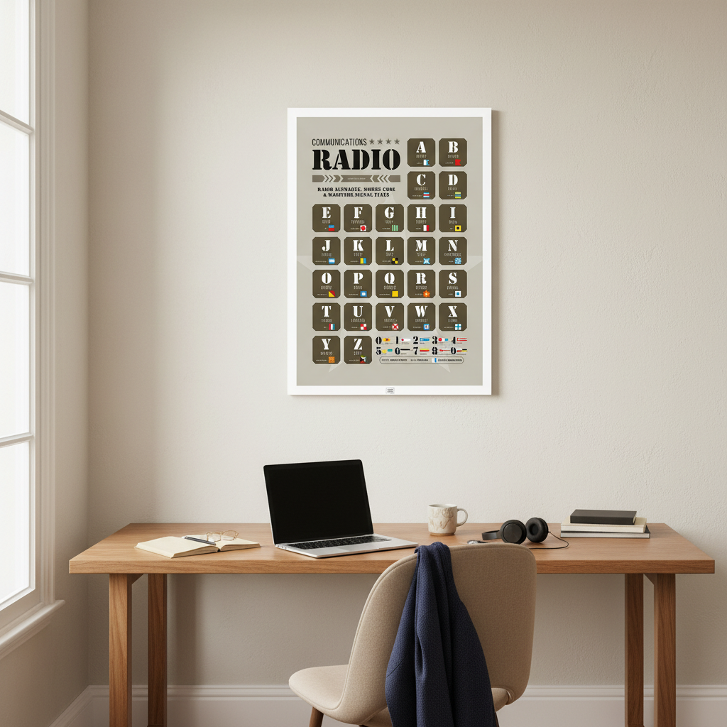 Affiche Radio Alphabet, Morse Code & Maritime Signal Flags 50x70 cm encadrée, accrochée dans un bureau à domicile français chaleureux avec bureau en bois, chaise beige et lumière naturelle venant de la gauche