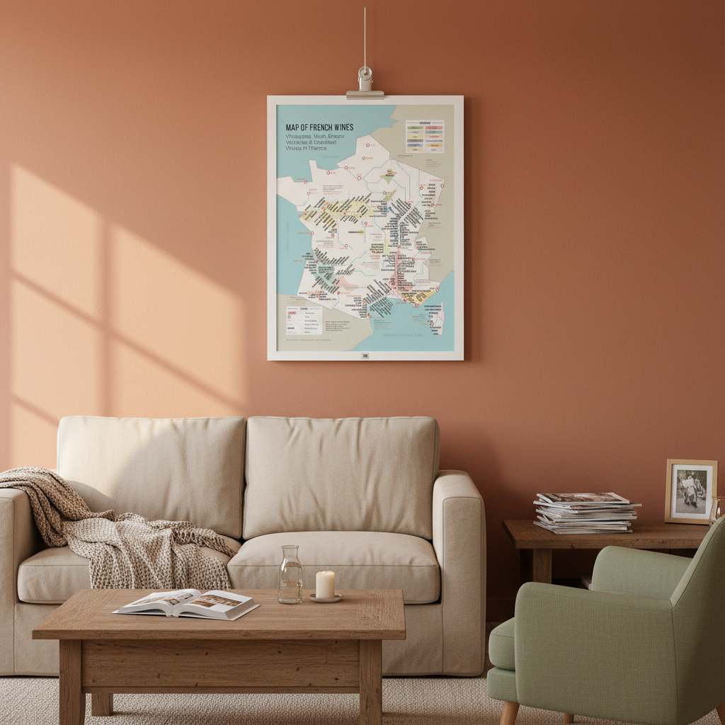 Affiche Wine Map of France encadrée 50×70 cm accrochée dans un salon français aux murs terracotta, lumière dorée de fin d'après-midi