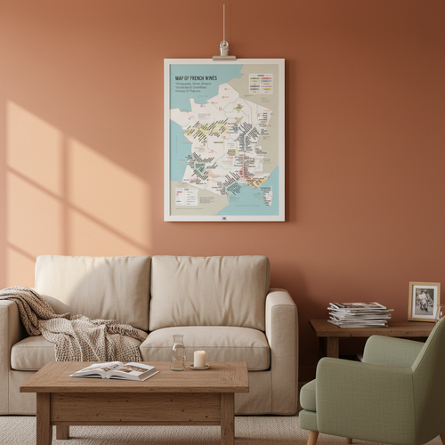 Affiche Wine Map of France encadrée 50×70 cm accrochée dans un salon français aux murs terracotta, lumière dorée de fin d'après-midi