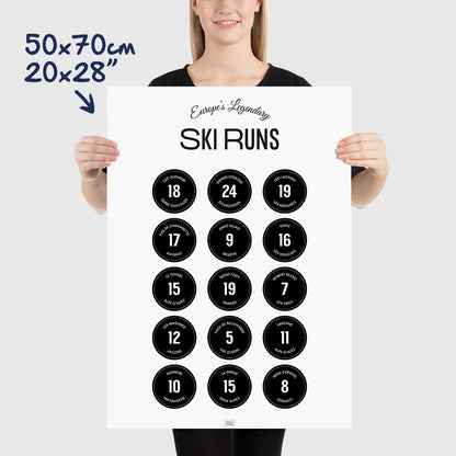 Ski Poster: Legendary Ski Slopes of the Alps, dimensions 50x70 cm - 20x28"

