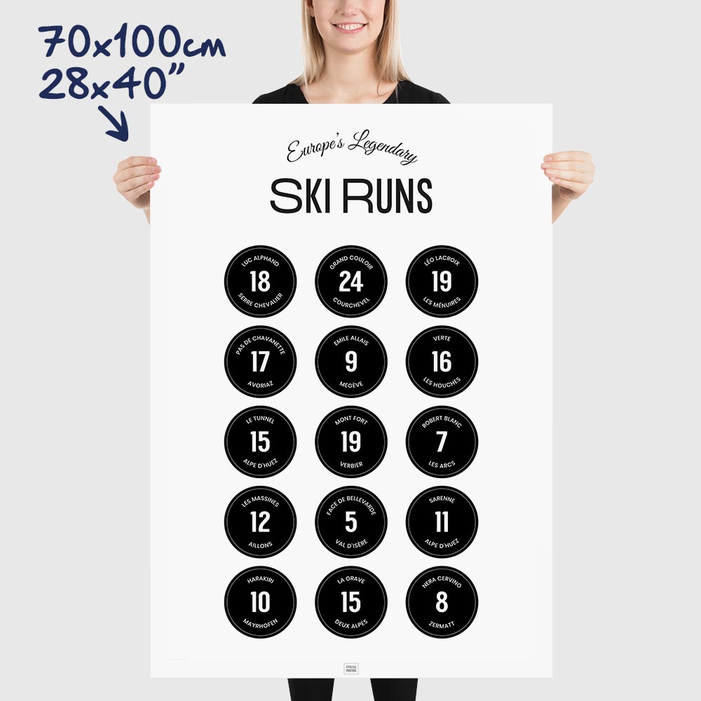 Ski Poster: Legendary Ski Slopes of the Alps, dimensions 70x100 cm - 28x40"
