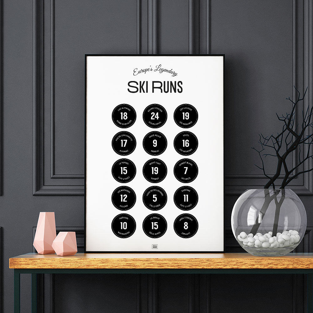 Ski Poster: Legendary Ski Slopes of the Alps, on a dark background
