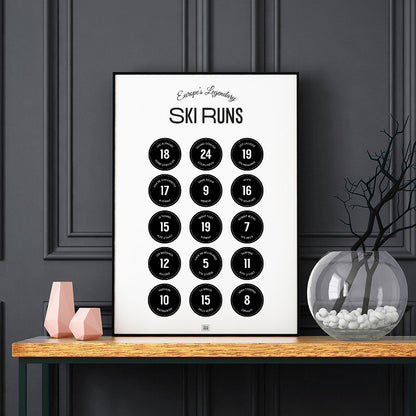 Ski Poster: Legendary Ski Slopes of the Alps, on a dark background
